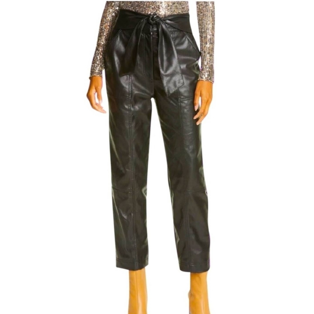 Joie Black Faux Leather Tummy Control Pants With Tie Waist